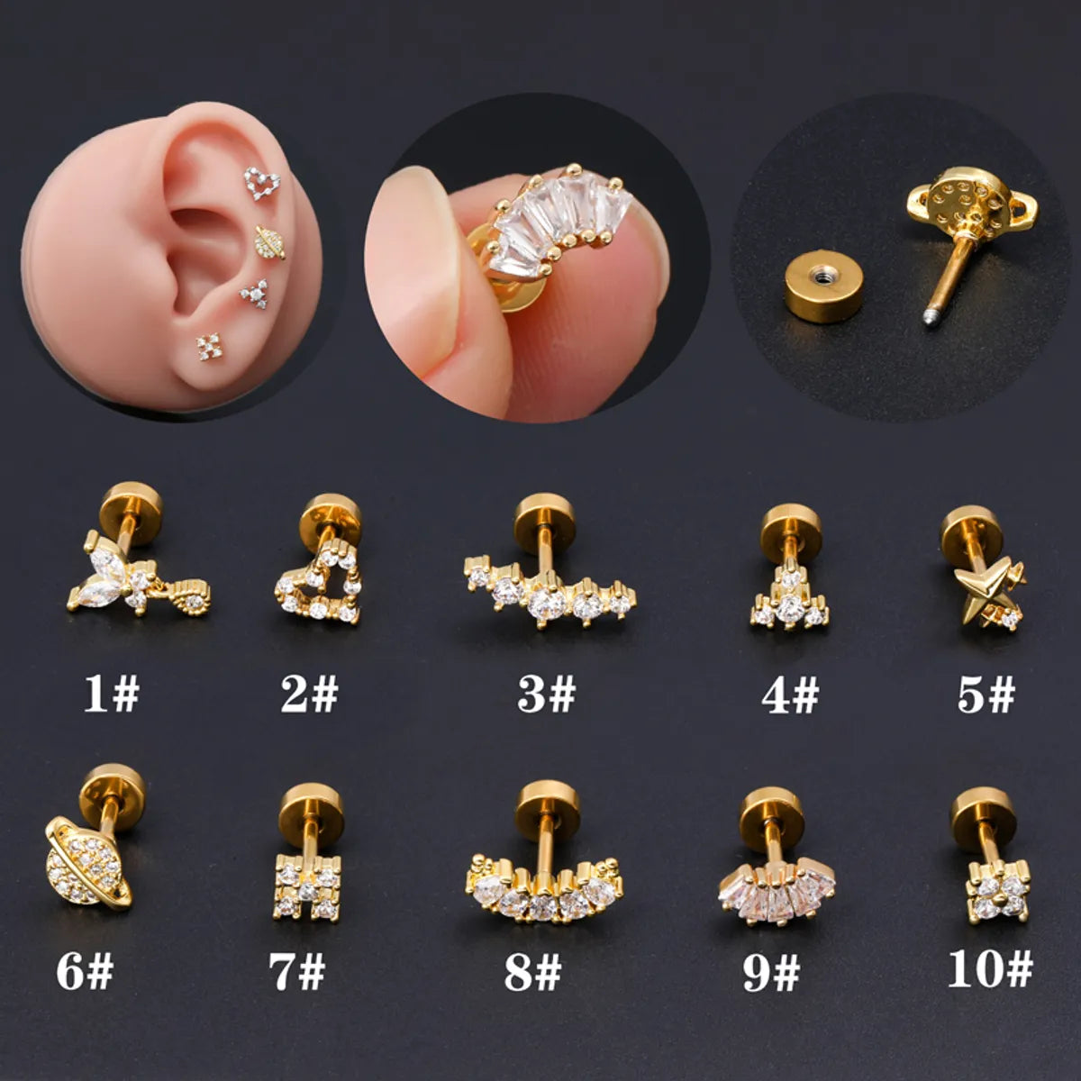 1 Piece Ear Cartilage Rings & Studs Classic Style Geometric Stainless Steel Copper Polishing Plating Inlay Zircon 18K Gold Plated Ear Cartilage Rings & Studs