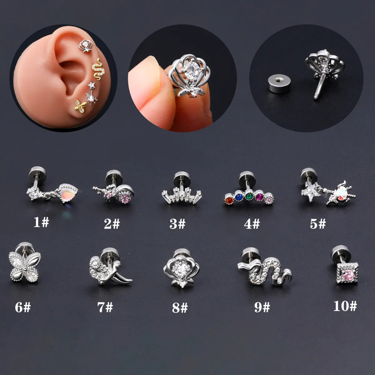 1 Piece Ear Cartilage Rings & Studs Classic Style Snake Butterfly Copper Polishing Inlay Zircon 18K Gold Plated Ear Cartilage Rings & Studs