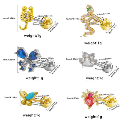 1 Piece Ear Cartilage Rings & Studs Elegant Hawaiian Classic Style Heart Shape Snake Butterfly 316 Stainless Steel  Copper Plating Inlay Acrylic Rhinestones Zircon White Gold Plated Gold Plated