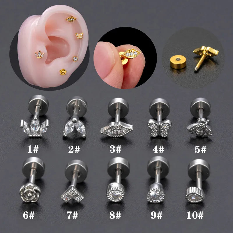 1 Piece Ear Cartilage Rings & Studs Modern Style Classic Style Flower Bee Butterfly Copper Polishing Plating Inlay Zircon 18K Gold Plated Ear Cartilage Rings & Studs