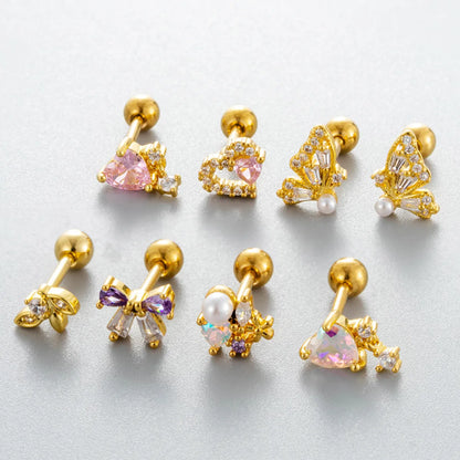 1 Piece Ear Cartilage Rings & Studs Princess Cute Sweet Heart Shape Butterfly Bow Knot 316 Stainless Steel  Copper Inlay Zircon Ear Cartilage Rings & Studs