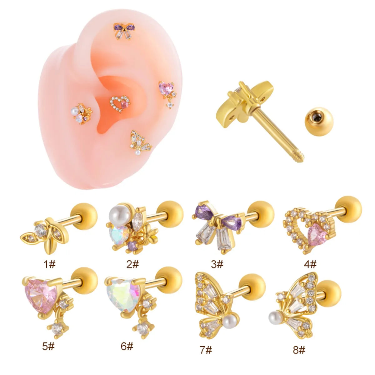 1 Piece Ear Cartilage Rings & Studs Princess Cute Sweet Heart Shape Butterfly Bow Knot 316 Stainless Steel  Copper Inlay Zircon Ear Cartilage Rings & Studs