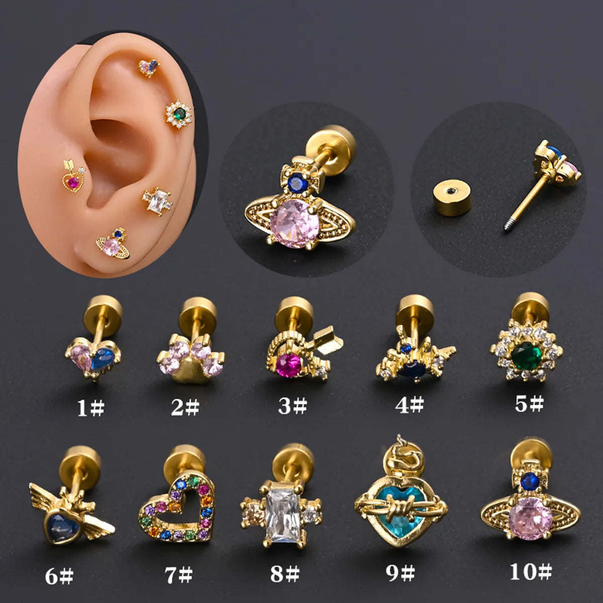 1 Piece Ear Cartilage Rings & Studs Simple Style Classic Style Heart Shape 316 Stainless Steel  Copper Polishing Inlay Diamond 18K Gold Plated Ear Cartilage Rings & Studs