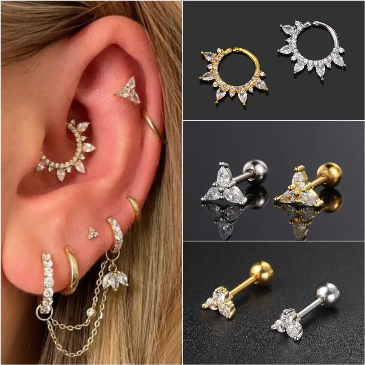 1 Piece Ear Cartilage Rings & Studs Simple Style IG Style Geometric Artificial Crystal Copper Inlay Zircon Ear Cartilage Rings & Studs