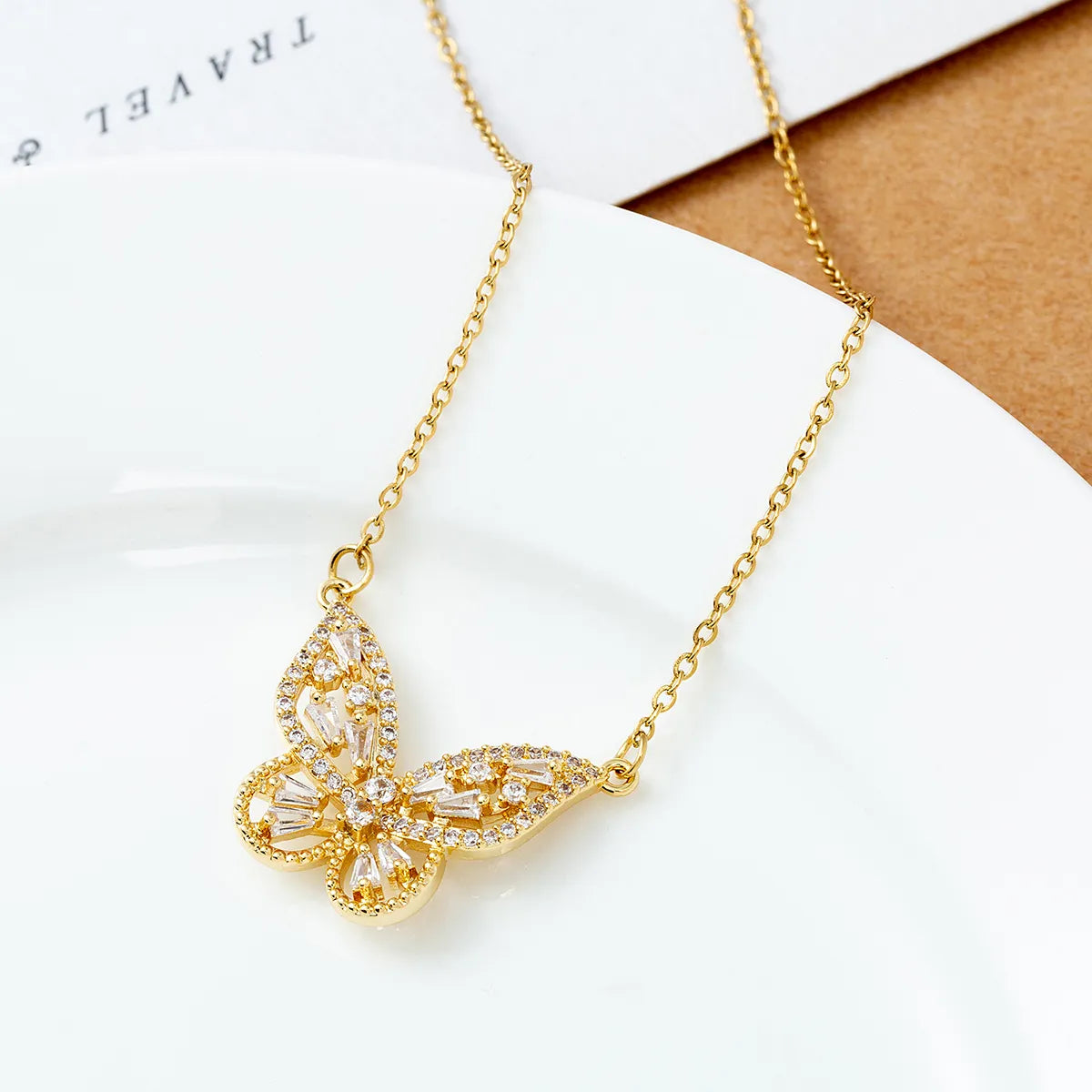 Elegant Butterfly Stainless Steel Inlay Zircon 18k Gold Plated Pendant Necklace