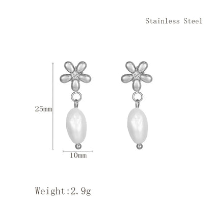 1 Piece Elegant C Shape Flower Bow Knot Inlay 304 Stainless Steel Rhinestones Pearl 18K Gold Plated Drop Earrings