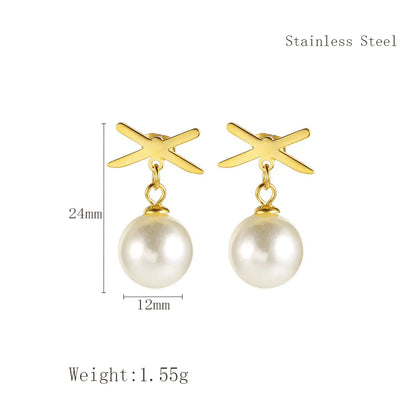 1 Piece Elegant C Shape Flower Bow Knot Inlay 304 Stainless Steel Rhinestones Pearl 18K Gold Plated Drop Earrings