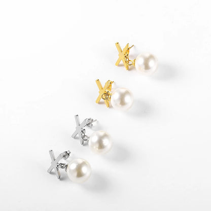 1 Piece Elegant C Shape Flower Bow Knot Inlay 304 Stainless Steel Rhinestones Pearl 18K Gold Plated Drop Earrings