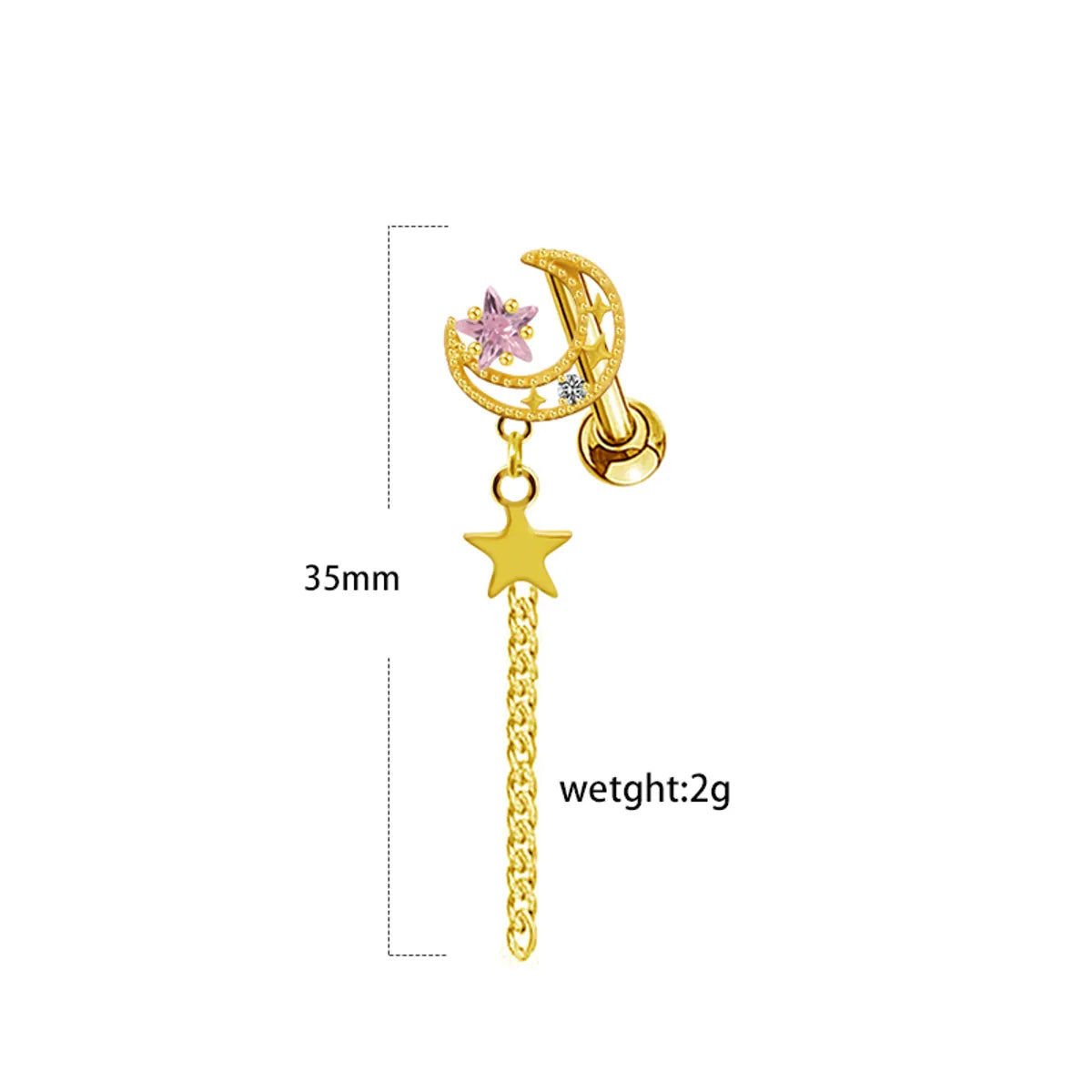 1 Piece Elegant Lady Star Moon Heart Shape Plating Inlay Stainless Steel Copper Zircon Gold Plated Cartilage Earrings