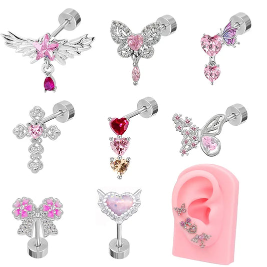 1 Piece Elegant Lady Streetwear Moon Heart Shape Bow Knot Inlay 316 Stainless Steel  Copper Acrylic Rhinestones Zircon White Gold Plated Ear Studs Cartilage Earrings