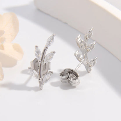 1 Piece Elegant Leaves Plating Sterling Silver Zircon White Gold Plated Ear Studs