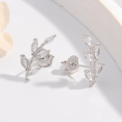 1 Piece Elegant Leaves Plating Sterling Silver Zircon White Gold Plated Ear Studs