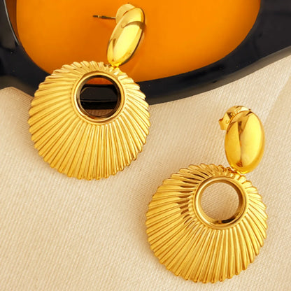 1 Piece Elegant Retro Solid Color Pleated Hollow Out 304 Stainless Steel 18K Gold Plated Drop Earrings