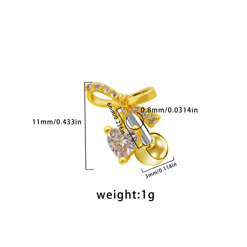 1 Piece Elegant Simple Style Shiny Heart Shape Wings Butterfly Inlay 316 Stainless Steel  Copper Glass Pearl Zircon White Gold Plated Gold Plated Ear Studs Cartilage Earrings