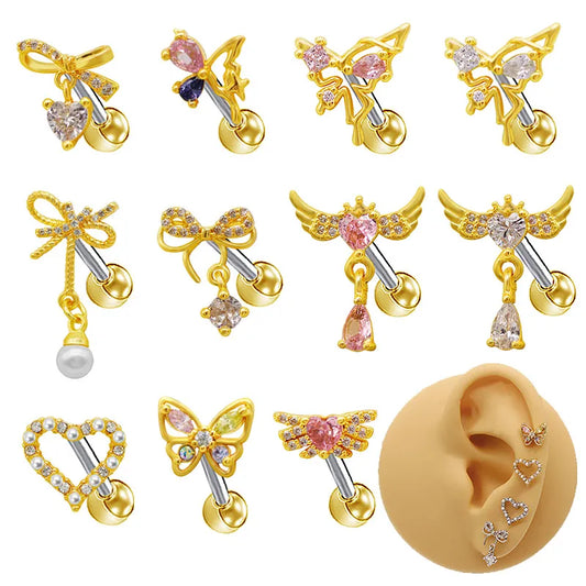 1 Piece Elegant Simple Style Shiny Heart Shape Wings Butterfly Inlay 316 Stainless Steel  Copper Glass Pearl Zircon White Gold Plated Gold Plated Ear Studs Cartilage Earrings