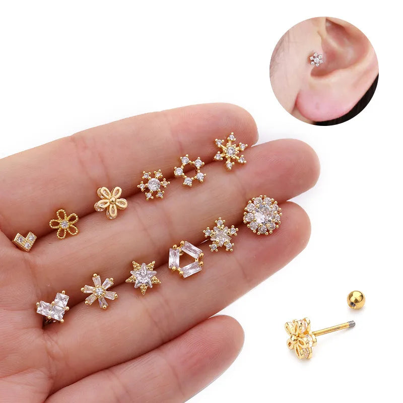 1 Piece Ethnic Style Flower Inlay Copper Zircon Cartilage Earrings