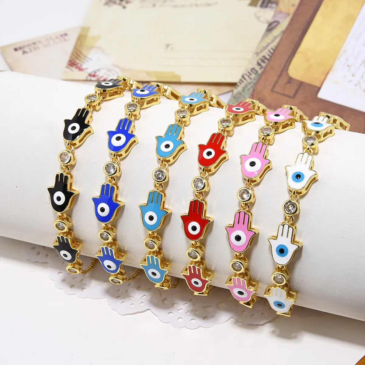 1 Piece Ethnic Style Hand Copper Enamel Inlay Zircon Bracelets