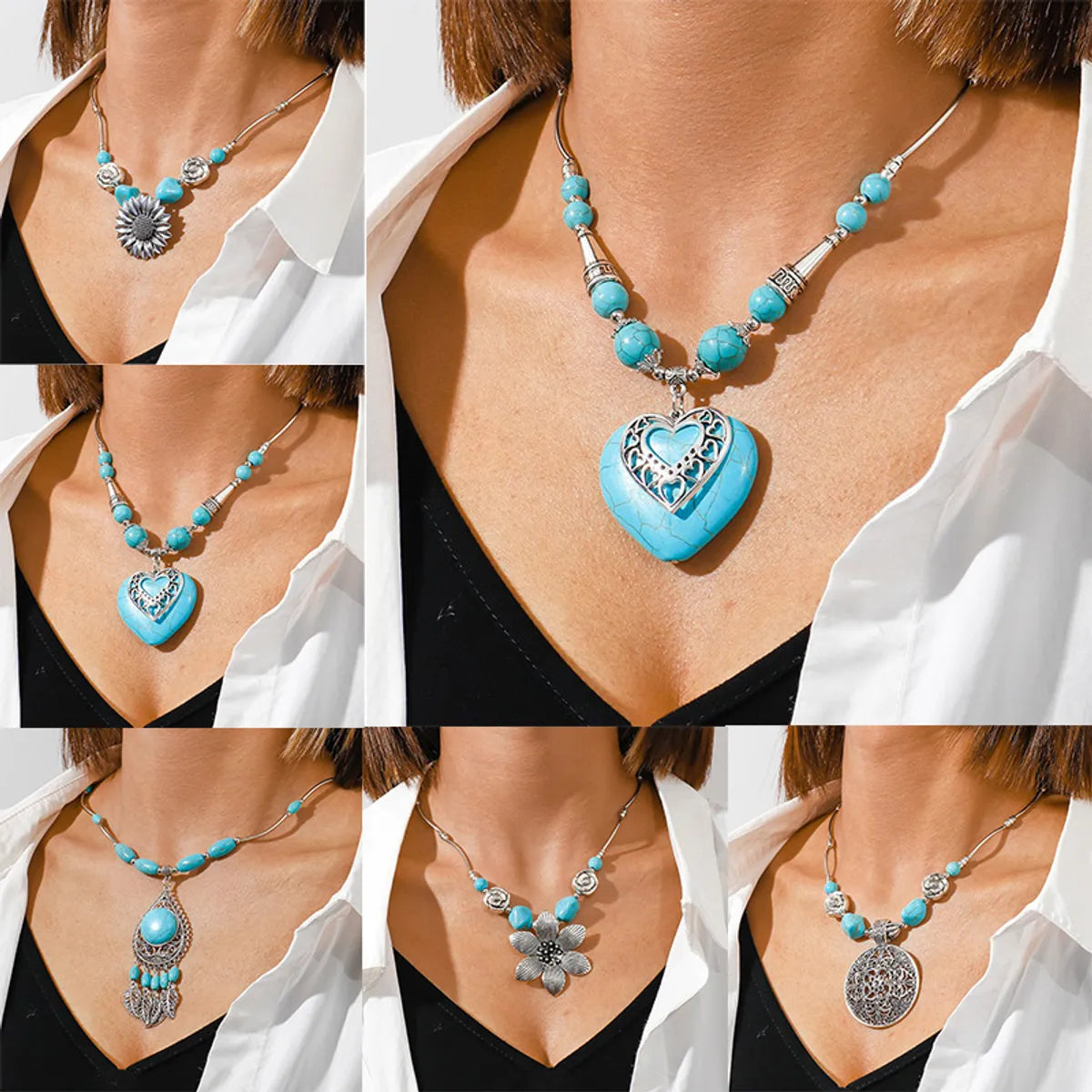 1 Piece Ethnic Style Round Heart Shape Flower Alloy Turquoise Plating Necklace