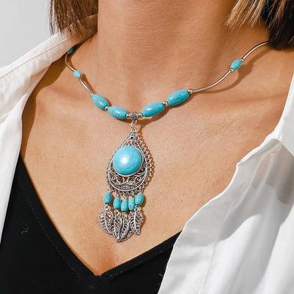 1 Piece Ethnic Style Round Heart Shape Flower Alloy Turquoise Plating Necklace