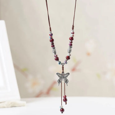 1 Piece Ethnic Style Tassel Butterfly Alloy Mixed Materials Knitting Women's Necklace