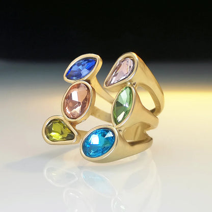 Exaggerated Oval Water Droplets Alloy Plating Inlay Artificial Gemstones Gold Plated Women'S Open Ring