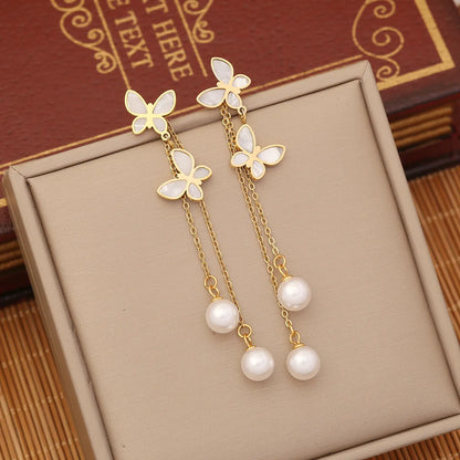 1 Piece Fashion Butterfly Stainless Steel Plating Inlay Pearl Shell Zircon Bracelets Earrings Necklace