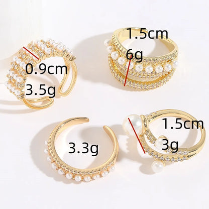 Fashion C Shape Copper 14k Gold Plated Artificial Pearls Zircon Open Ring In Bulk