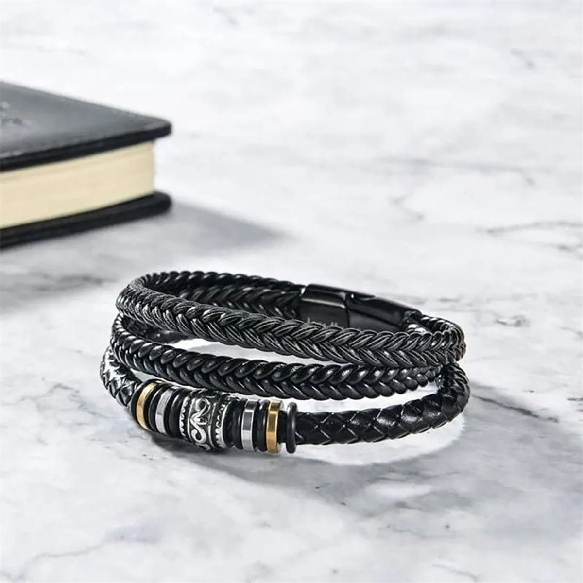 Fashion Cross Rectangle Stainless Steel Pu Leather Braid Unisex Bracelets