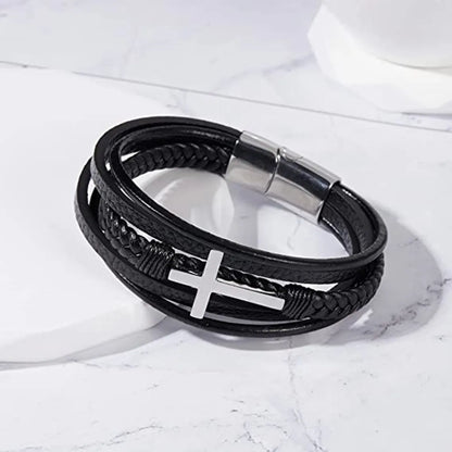 Fashion Cross Rectangle Stainless Steel Pu Leather Braid Unisex Bracelets