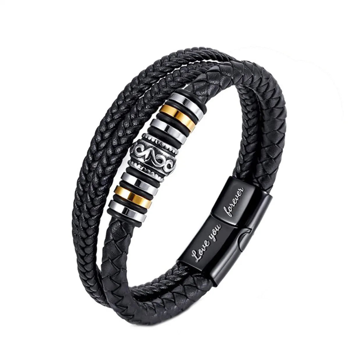 Fashion Cross Rectangle Stainless Steel Pu Leather Braid Unisex Bracelets