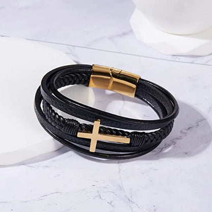 Fashion Cross Rectangle Stainless Steel Pu Leather Braid Unisex Bracelets