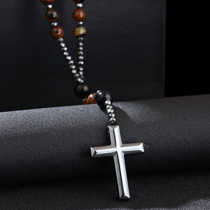 1 Piece Fashion Cross Stone Tiger Eye Obsidian Beaded Unisex Sweater Chain