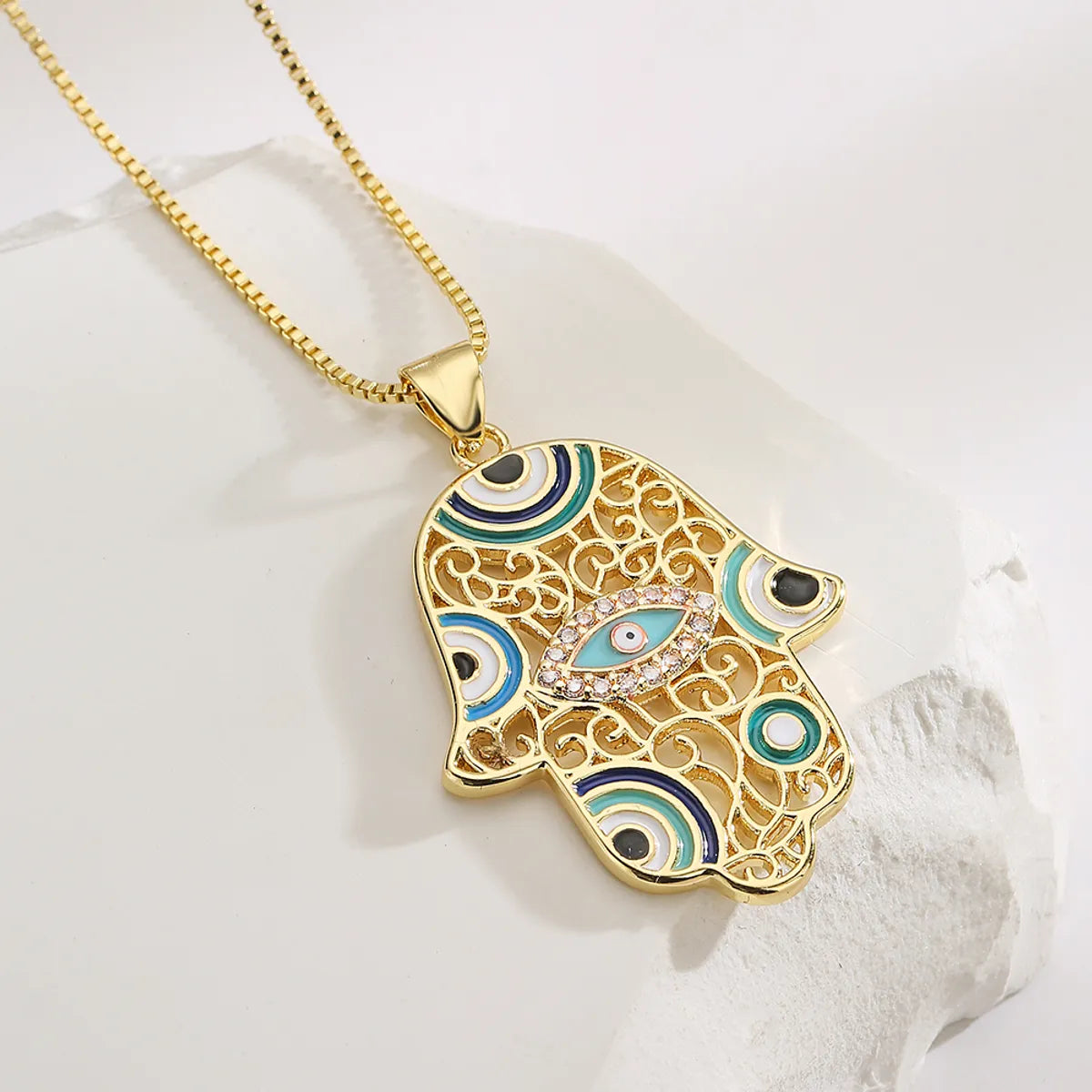 1 Piece Fashion Devil's Eye Palm Copper Enamel Inlay Zircon Pendant Necklace