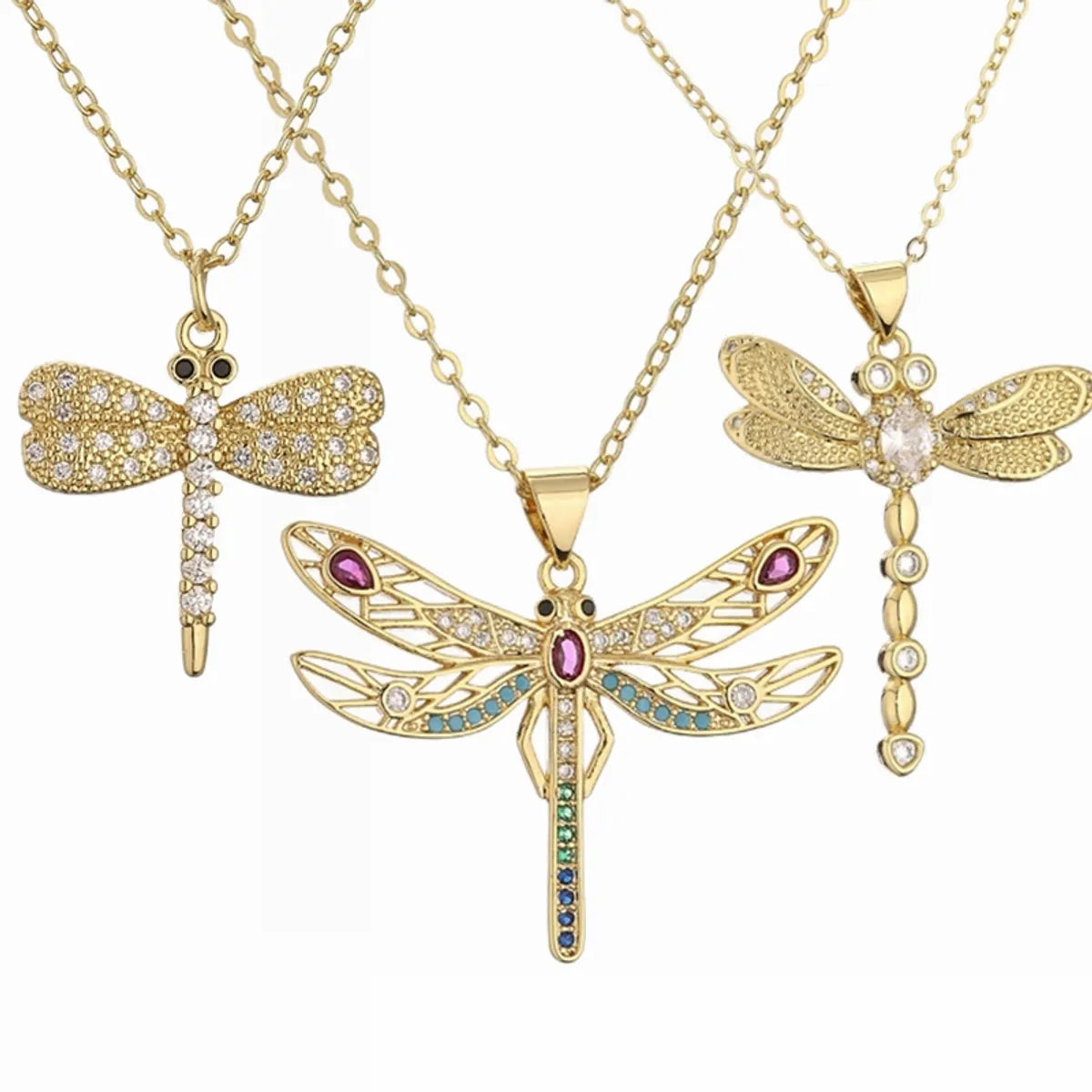 1 Piece Fashion Dragonfly Copper Plating Inlay Zircon Pendant Necklace