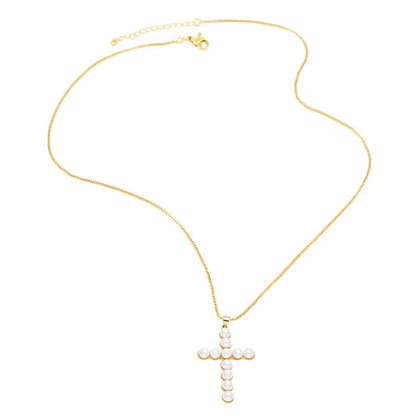 Fashion Faith Cross Copper 18k Gold Plated Pearl Pendant Necklace In Bulk