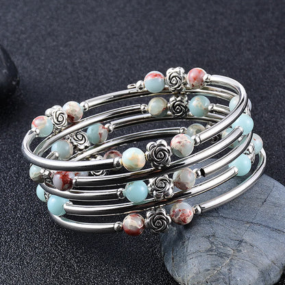 Fashion Flower Natural Stone Beaded Layered Bracelets