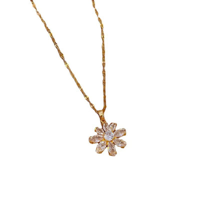 Titanium Steel Copper Fashion Inlay Flower Zircon Pendant Necklace