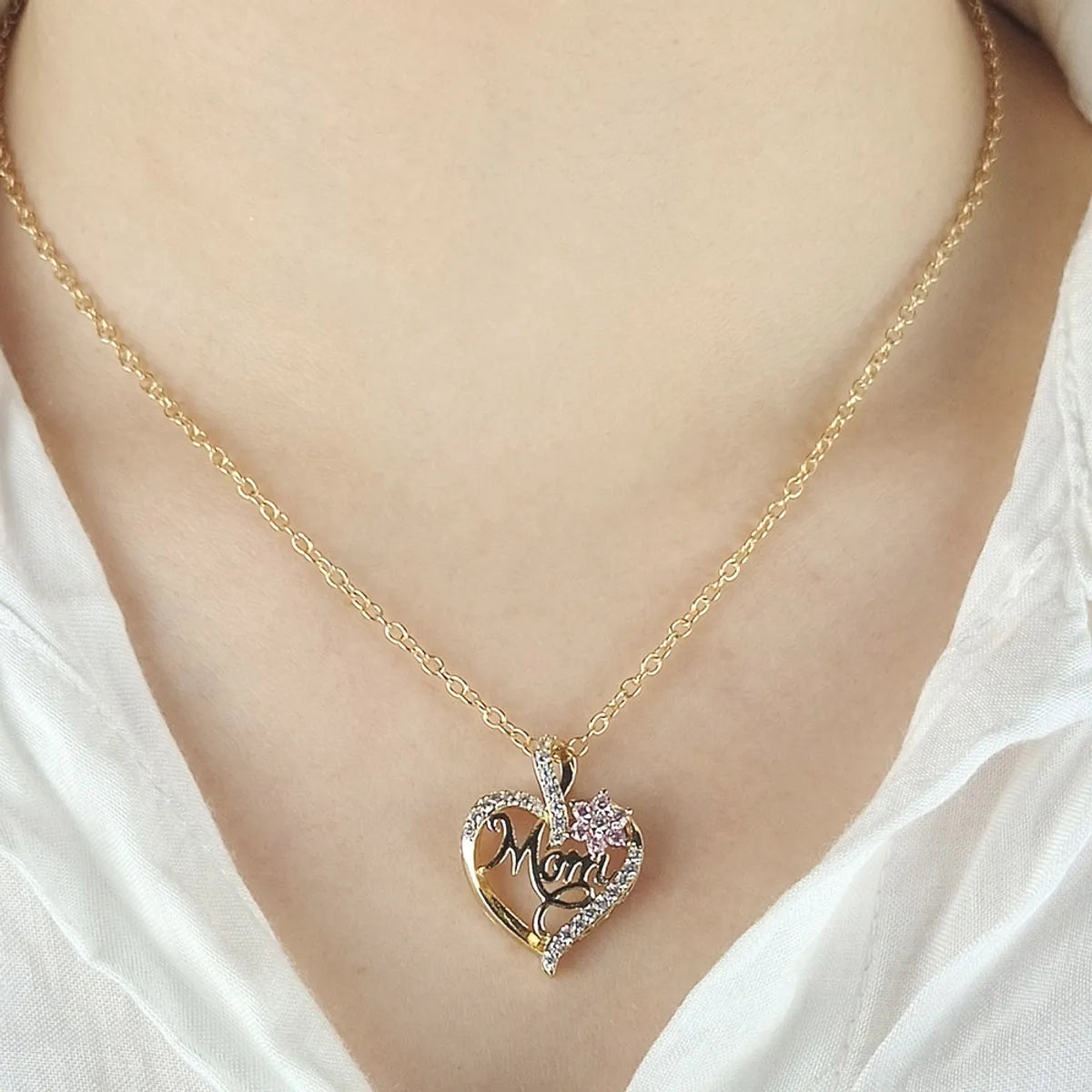 1 Piece Fashion Mama Heart Shape Alloy Plating Rhinestones Women'S Pendant Necklace