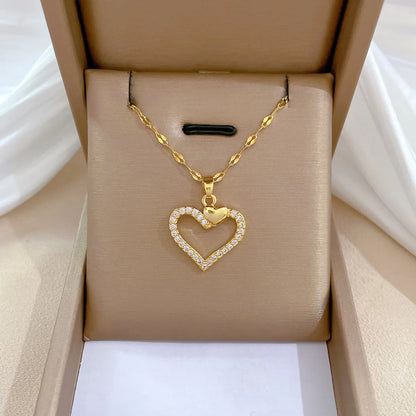 Fashion Heart Shape Titanium Steel Copper Inlay Zircon Pendant Necklace