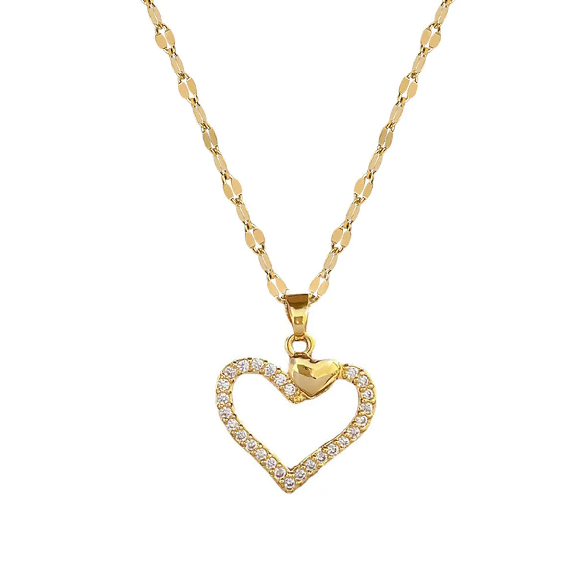 Fashion Heart Shape Titanium Steel Copper Inlay Zircon Pendant Necklace