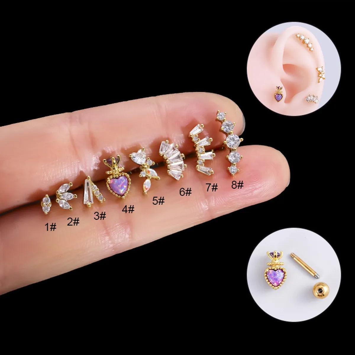 1 Piece Ear Cartilage Rings & Studs Fashion Heart Shape 316 Stainless Steel  Copper Plating Inlay Zircon