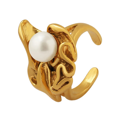 Fashion Irregular Freshwater Pearl Titanium Steel Plating Inlay Freshwater Pearl 18k Gold Plated Rings