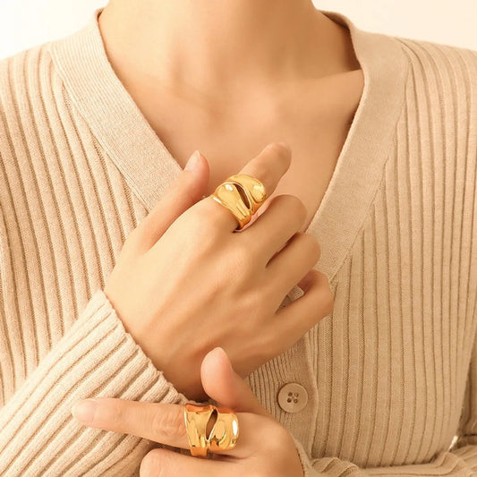 Fashion Irregular Solid Color Titanium Steel Plating Hollow Out 18k Gold Plated Rings