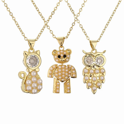 1 Piece Fashion Little Bear Cat Owl Copper Plating Inlay Artificial Pearls Zircon Pendant Necklace