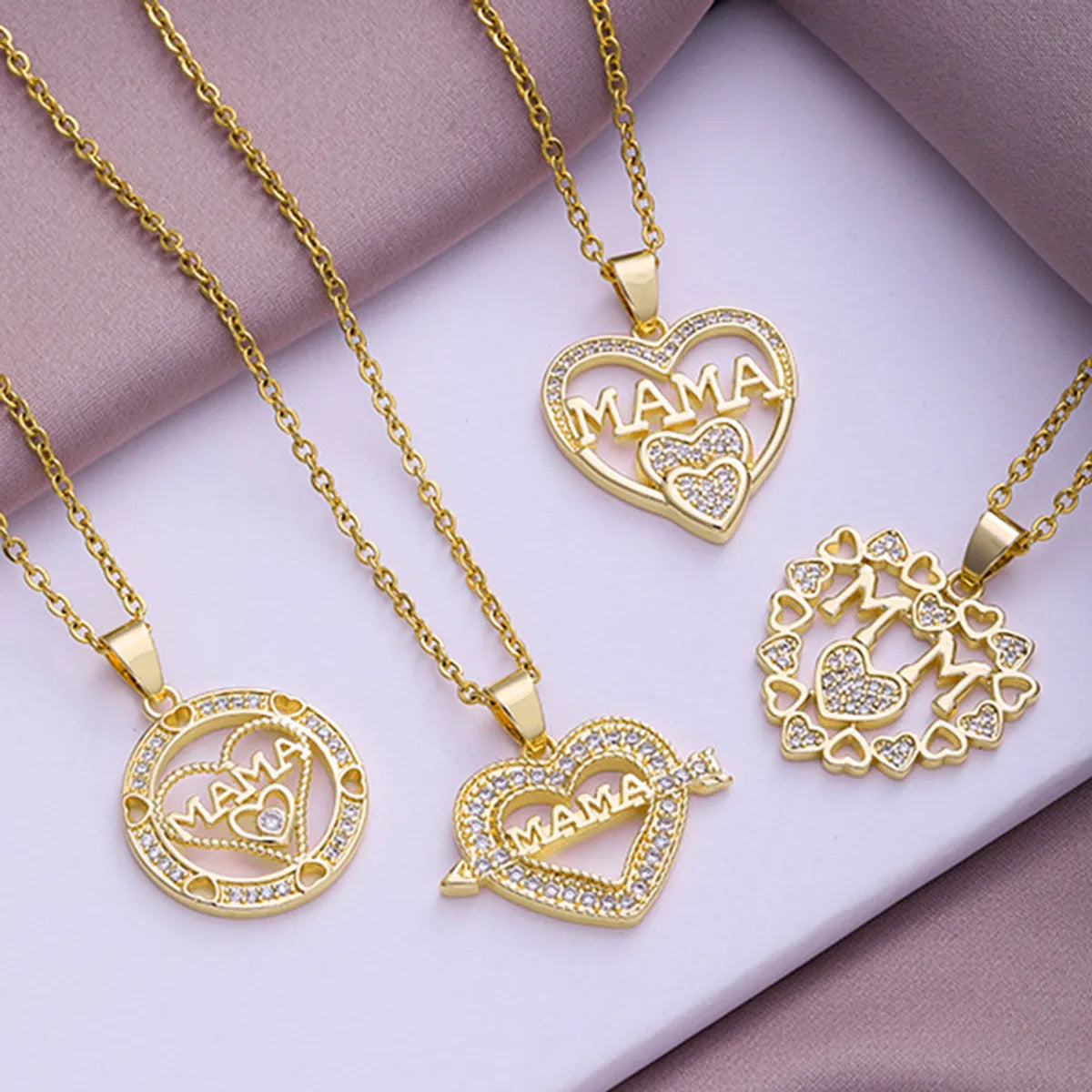 Fashion Mama Letter Heart Shape Stainless Steel Rhinestone Plating Inlay Zircon 18k Gold Plated Pendant Necklace