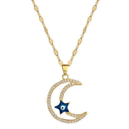 Fashion Moon Titanium Steel Copper Inlay Zircon Pendant Necklace