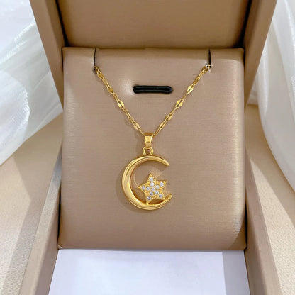 1 Piece Fashion Moon Stainless Steel Inlay Zircon Pendant Necklace