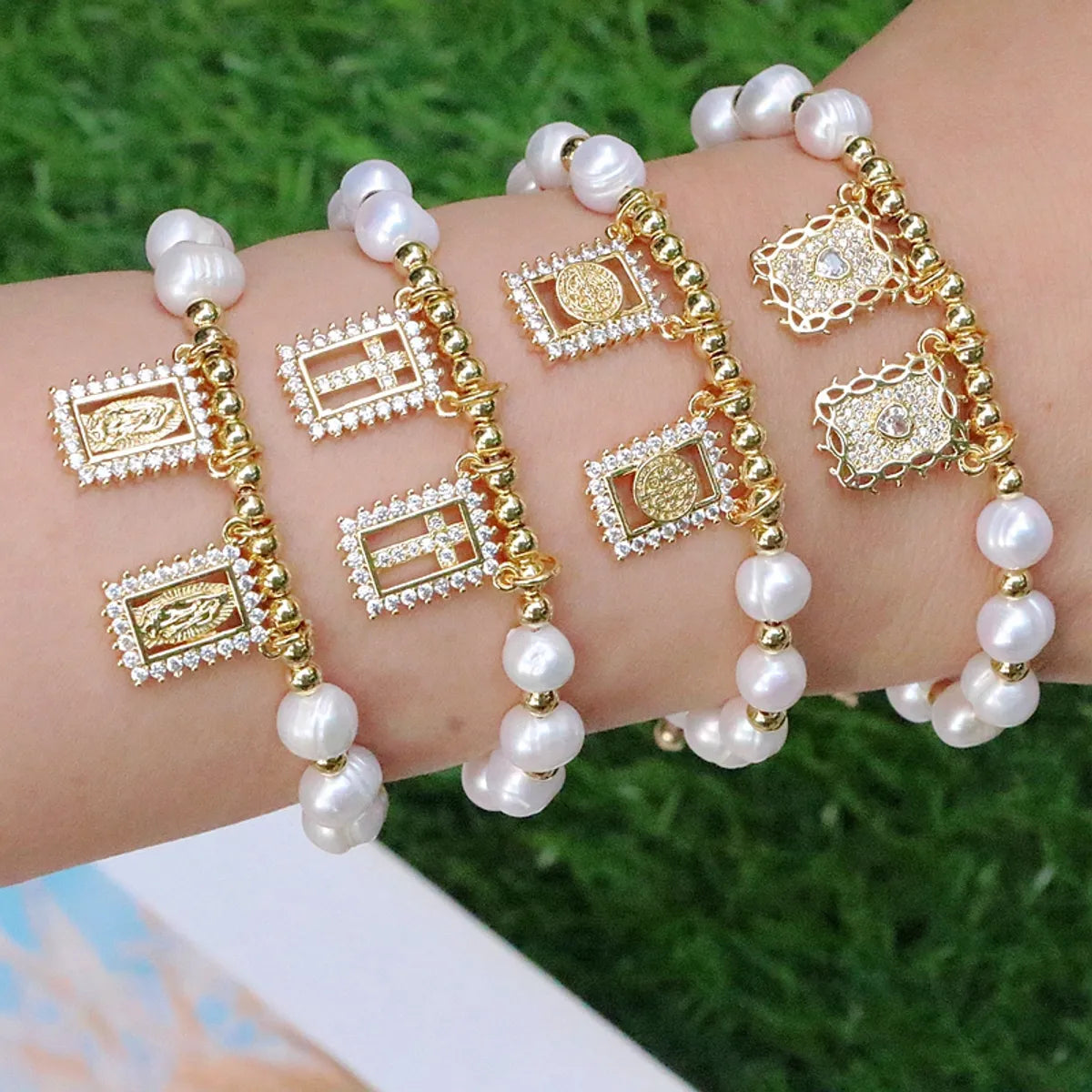 Fashion Portrait Faith Cross Copper Gold Plated Zircon Bracelets In Bulk