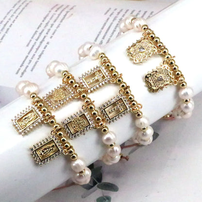 Fashion Portrait Faith Cross Copper Gold Plated Zircon Bracelets In Bulk