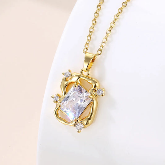 1 Piece Fashion Rectangle Stainless Steel Brass Plating Inlay Zircon Pendant Necklace